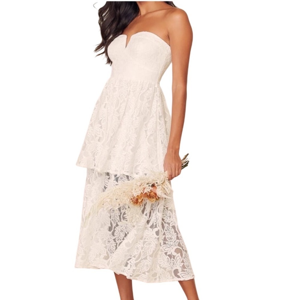 Lulus White Lace Strapless Midi Dress Sweetheart Tiered Bridal Rehearsal Size M